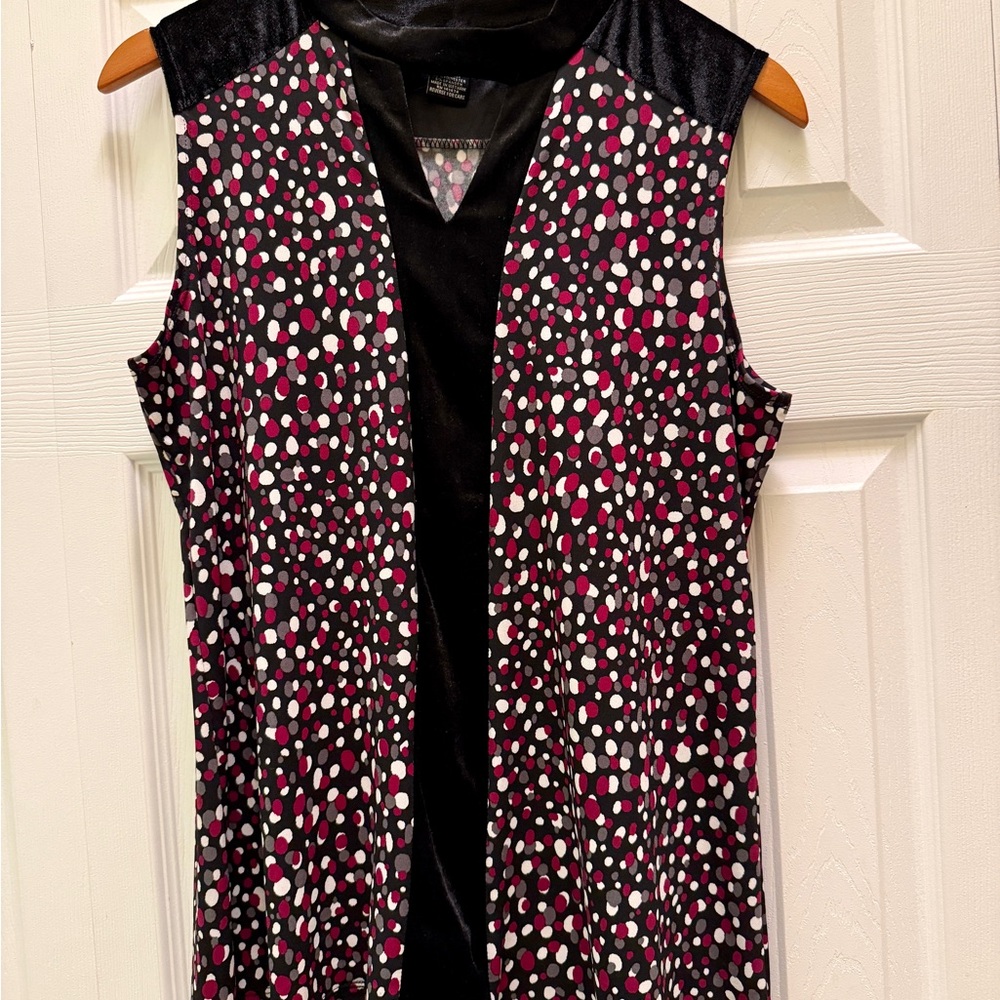 Sleeveless Open Front Top – Polka Dot Print, Velvet Trim, Size Large